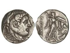 Tetradracma. 305-283 a.C. PTOLOMEO I. EGIPTO. Anv.: Cabeza de Alejandro Magno con tocado de elefante a derecha. Rev.: Atenea avanzando a derecha con lanza y escudo, detrás leyenda, delante símbolos. 1