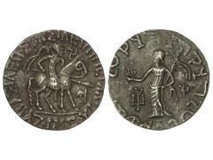 Tetradracma. 57-35 a.C. AZALISES. INDOESCITAS DEL PAQUISTÁN. Anv.: Guerrero a caballo a derecha. Rev.: Figura femenina en pie a izquierda. 9,40 grs. Br. EBC.