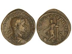 Sestercio. Acuñada el 222-235 d.C. ALEJANDRO SEVERO. Anv.: IMP. CAES. M. AVR. SEV. ALEXANDER AVG. Busto laureado a derecha. Rev.: PONTIF. MAX. TR. P. II COS. P. P. S. C. Alejandro Severo con cornucopi