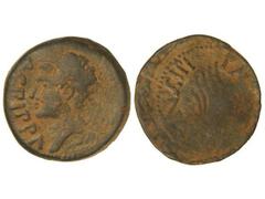 Dupondio. ÉPOCA DE AUGUSTO. GADES. Anv.: AGRIPPA. Cabeza laureada de Agripa a izquierda. Rev.: MVNICIPI PA(RENS). Espolón de nave a derecha. 21,42 grs. Pátina verde. RARA. AB-1371. MBC/MBC-.