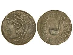 Dupondio. GADES. Anv.: Cabeza de Hércules a izquierda, detrás clava. Rev.: Símpulo a izquierda, alrededor TI. CLAVDIVS NERO. 18,20 grs. (Probablemente busto y leyenda realzado). AB-1381. MBC+.
