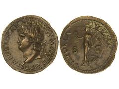 Dupondio. Acuñada el 54-55 d.C. NERÓN. Anv.: IMP. NERO CAESAR AVG. P. MAX. TR. P. P. P. Cabeza laureada a izquierda, debajo globo. Rev.: VICTORI AVGVSTI S. C. Victoria en marcha a izquierda con palma 