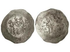 Aspron Trachy. JUAN II (1118-1143). TESALONICA. Anv.: Virgen entronizada. Rev.: Emperador de pie, con vestimenta militar. Ve. (Limpiada). Se-1952. (MBC+).