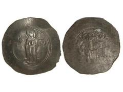 Aspron Trachy. ANDRÓNICO I (1183-1185). CONSTANTINOPLA. Anv.: Virgen de pie sobre estrado. Rev.: Cristo y Andrónico de frente. Ve. Se-1985. MBC.