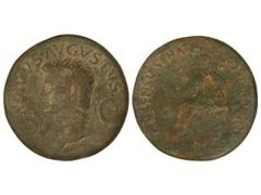 Dupondio. Acuñada el 37-41 d.C. AUGUSTO. Anv.: DIVVS AVGVSTVS S. C. Cabeza radiada a izquierda. Rev.: CONSENSV SENAT. ET. EQ. ORDIN. P. Q. R. Augusto sentado a izquierda. Pátina verde. C-87. MBC-.