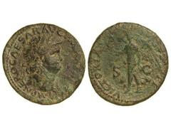 Dupondio. Acuñada 54-55 d.C. NERON. Anv.: IMP. NERO CAESAR AVG. P. MAX. TR. P. P. P. Cabeza laureada a derecha. Rev.: VICTORIA (AVGVSTI) S.C. Victoria a izquierda. 14,45 grs. Pátina verde. (Oxidacione