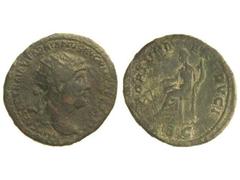 Dupondio. Acuñada el 117-138 d.C. ADRIANO. Anv.: IMP. CAESAR TRAIANVS HADRIANVS AVG. P. M. TR. P. COS. III Busto radiado a derecha. Rev.: FORTVNAE REDVCI S. C. Fortuna sentada a izquierda con timón y 