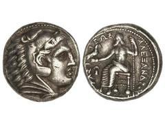 Tetradracma. 336-323 a.C. ALEJANDRO MAGNO. MACEDONIA. Anv.: Cabeza de Hércules con piel de león a derecha. Rev.: Zeus entronizado a izquierda, alrededor leyenda y símbolo. 17,3 grs. AR. Müller-224. MB