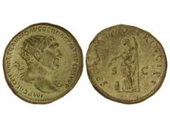Dupondio. Acuñada el 103-111 d.C. TRAJANO. Anv.: IMP. CAES. NERVAE TRAIANO AVG. GER. DAC. P. M. TR. P. COS. V P. P. Busto radiado a derecha. Rev.: S. P. Q. (R. OPT)IMO PRINCIPI S. C. Equidad en pie a 