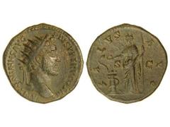 Dupondio. Acuñada el 140-144 d.C. ANTONINO PÍO. Anv.: ANTONINVS AVG. PIVS P. P. TR. P. COS. III. Busto radiado a derecha. Rev.: SALVS AVG. S. C. Salud de pie con cetro, dando de comer a una serpiente 