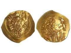 Hyperpyron. MIGUEL VIII (1261-1282). CONSTANTINOPLA. Anv.: Virgen entronizada de frente. Rev.: Miguel arrodillado a derecha, sostenido por San Miguel, delante de Cristo entronizado. AU. Se-2241. MBC+/