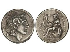 Tetradracma. 323-281 a.C. LISÍMACO. TRACIA. Anv.: Cabeza diademada de Alejandro Magno con cuerno de Amón a derecha. Rev.: Atenea sentada a izquierda, sosteniendo a Nike. 16,70 grs. AR. Se-6814. EBC-/M