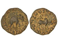 Tetradracma. 58-19 a.C. AZES. INDO-ESCITAS. Anv.: Elefante. Rev.: Zebú. AE. Senior-100.21. MBC+.