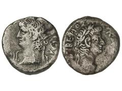 Tetradracma. NERÓN y TIBERIO. Anv.: Cabeza radiada de Nerón a izquierda. Rev.: Cabeza laureada de Tiberio a derecha. Vellón. (Pequeñas oxidaciones). GIC-637. MBC/MBC-.