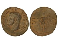 Dupondio. Acuñada el 27-12 a.C. AGRIPPA. Anv.: M. AGRIPPA L. F. COS. III. Cabeza a izquierda con corona rostral. Rev.: S. C. Neptuno en pie a izquierda con tridente y delfín, manto sobre los hombros. 