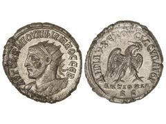 Tetradracma. 244-249 d.C. FILIPO I. SIRIA. ANTIOQUIA. Anv.: Busto radiado a izquierda, alrededor leyenda. Rev.: Águila a derecha, alrededor leyenda. 12,21 grs. AR. Restos de brillo original. GIC-3958.
