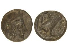Tetradracma. 406-404 a.C. ATENAS. Anv.: Cabeza de Atenea con casco a derecha. Rev.: Lechuza en pie a derecha, delante A¶(E), detrás rama de olivo y creciente. 16,91 grs. Br. Acuñación de emergencia en