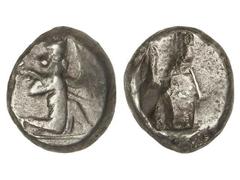 Siglos. 450-330 a.C. LYDIA. Anv.: Arquero persa arrodillado a derecha. Rev.: Punzón oblongo. 5,51 grs. AR. Se-4683. MBC-.