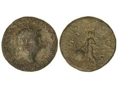 Dupondio. Acuñada el 54-55 d.C. NERÓN. Anv.: IMP. NERO CAESAR AVG. P. MAX. TR. P. P. P. Cabeza a derecha. Rev.: S. C. Victoria en vuelo a izquierda, portando escudo con inscripción S. P. Q. R. Pátina 