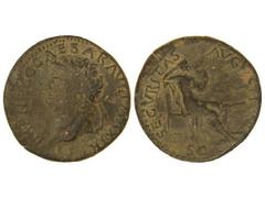 Dupondio. Acuñada el 54-55 d.C. NERÓN. Anv.: IMP. NERO CAESAR AVG. P. MAX. TR. (P. P.). Cabeza laureada a izquierda. Rev.: SECVRITAS AVGVSTI S. C. Seguridad sentada a derecha. 12,50 grs. AE. Pátina os