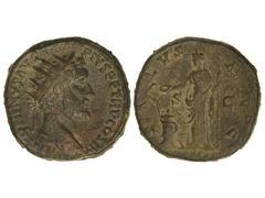 Dupondio. 138-161 d.C. ANTONINO PÍO. Anv.: ANTONINVS AVG. PIVS P. P. TR. P. COS. III. Cabeza radiada a derecha. Rev.: SALVS AVG. S. C. Salud en pie a izquierda dando de comer a una serpiente, sobre un