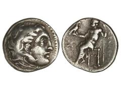 Dracma. 336-323 a.C. ALEJANDRO MAGNO. MACEDONIA. Anv.: Cabeza de Hércules con piel de león a derecha. Rev.: Zeus entronizado a izquierda, detrás leyenda. 4,16 grs. AR. Se-6730. MBC+/MBC .