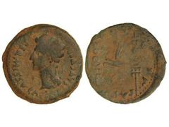 Dupondio. ÉPOCA DE AUGUSTO. COLONIA PATRICIA. Anv.: PERMISSV. CAESARIS AVGVSTI. Cabeza de Augusto a izquierda. Rev.: COLONIA PATRICIA. Enseñas y águila legionarias. 19,69 grs. AB-1988. MBC.