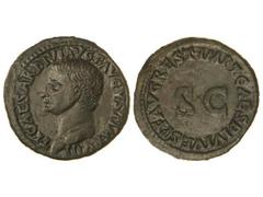 Dupondio. 14-37 d.C. TIBERIO. Restitución de Tito. Anv.: TI. CAESAR DIVI. AVG. F. AVGVST. IMP. VIII. Cabeza descubierta a izquierda. Rev.: IMP. T. CAES. DIVI. VESP. F. AVG. REST., alrededor de SC. 9,8
