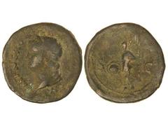 Dupondio. 54-68 d.C. NERÓN. Anv.: IMP. NERO (CAE)SAR AVG. (P. MAX. TR. P. P. P.). Cabeza laureada a izquierda. Rev.: S. C. Victoria en vuelo a izquierda con un escudo. 13,30 grs. AE. Pátina oscura. C-