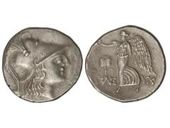 Tetradracma. S. II-I a.C. SIDE. PAMPHILIA. Anv.: Cabeza de Atenea a derecha, con casco corintio. Rev.: Nike avanzando a izquierda, delante una granada, abajo KAE YX. 16,07 grs. AR. Se-5436. MBC+.