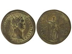 Dupondio. Acuñada el 90 d.C. DOMICIANO. Anv.: IMP. CAES. DOMIT. AVG. GERM. COS. XV CENS. PER. P. P. Cabeza radiada a derecha. Rev.: VIRTV(TI) AVGVSTI. Virtud en pie a derecha con lanza y parazonio. 15