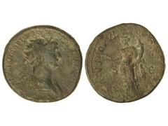 Dupondio. Acuñada el 115 d.C. TRAJANO. Anv.: (IMP. CAES. NER.) TRAIANO OPTIMO AVG. GER. DAC. (P. M. TR. P. COS. VI P. P.). Busto radiado a derecha. Rev.: SENATVS POPVLVSQVE ROMANVS S. C. Felicidad en 