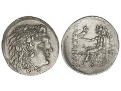 Tetradracma. 336-323 a.C. ALEJANDRO MAGNO. ODESSUS. Anv.: Cabeza de Hércules con piel de león a derecha. Rev.: Zeus entronizado a izquierda, sosteniendo águila y cetro, alrededor leyenda. 16,44 grs. A