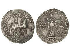 Tetradracma. 35-5 a.C. AZES II. INDOESCITAS DEL PAKISTÁN. Anv.: Guerrero a caballo a derecha. Rev.: Figura en pie a derecha con escudo y lanza. AR. MBC.