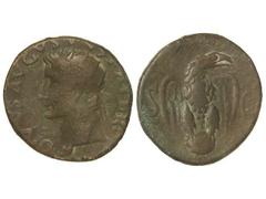 Dupondio. Acuñada el 16-22 d.C. AUGUSTO. Anv.: DIVVS AVGVSTVS PATER. Cabeza radiada a izquierda. Rev.: Águila de frente, sobre globo cabeza a derecha. S. C. 9,43 grs. Pátina verdosa. C-247. MBC-/MBC.