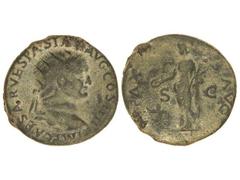 Dupondio. Acuñada el 70-79 d.C. VESPASIANO. Anv.: IMP. CAESAR VESPASIAN. AVG. COS. IIII. Busto radiado a derecha. Rev.: PAX AVG. S.C. Paz en pie a izquierda. 10,49 grs. Pátina verde. MBC.