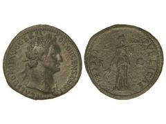 Dupondio. Acuñada el 87 d.C. DOMICIANO. Anv.: IMP. CAES. DOMIT. AVG. GERM. COS. XIII CENS. PER. P. P. Busto laureado a derecha. Rev.: FIDEI OVBLICAE S. C. Fe en pie a derecha con espigas y cesta de fr