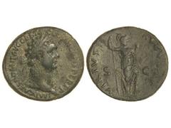 Dupondio. Acuñada el 86 d.C. DOMICIANO. Anv.: IMP. CAES. DOMIT. AVG. GERM. COS. XII CENS. PER. P. P. Busto laureado a derecha. Rev.: VIRTVTI AVGVSTI S. C. Virtud en pie a derecha con lanza y parazonio