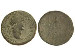 Dupondio. Acuñada el 100 d.C. TRAJANO. Anv.: IMP. CAES. NERVA TRAIAN. AVG. GERM. P. M. Cabeza radiada a derecha. Rev.: TR. POT. COS. IIII P. P. S. C. Fortuna sentada a izquierda. 13,56 grs. Pátina ver