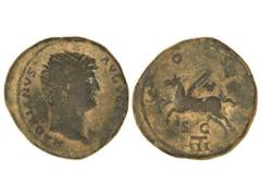 Dupondio. Acuñad ael 125-128 d.C. ADRIANO. Anv.: HADRIANVS AVGVSTVS. Cabeza radiada a derecha. Rev.: COS. III S. C. Pegaso a izquierda. 15,04 grs. Pátina oscura. C-437. BC+.