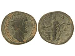 Dupondio. Acuñada el 138-161 d.C. ANTONINO PÍO. Anv.: ANTONINVS AVG. PIVS P. P. TR. P. COS. IIII. Busto radiado a derecha. Rev.: SALVS AVG. S. C. Salud en pie a izquierda dando de comer a una serpient