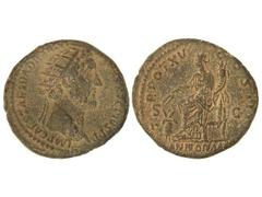 Dupondio. Acuñada el 138-161 d.C. ANTONINO PÍO. Anv.: IMP. CAES. T. AEL. HADR. ANTONINVS AVG. PIVS P. P. Cabeza radiada a derecha. Rev.: TR. POT. XV COS. IIII. En exergo: ANNONA AVG. Annona sentada a 