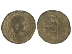 Dupondio. Acuñada el 218-222 d.C. HELIOGÁBALO. Anv.: IMP. CAES. M. AVR. ANTONINVS PIVS AVG. Cabeza radiada a derecha. Rev.: (_)AX TR. P. S. C. Roma sentada a izquierda con Victoria, lanza y escudo. 11