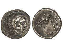 Tetradracma. 330-310 a.C. DOMINACIÓN CARTAGINESA. SICILIA. Anv.: Cabeza de Hércules con piel de león a derecha. Rev.: Cabeza de caballo a izquierda, detrás palmera, debajo leyenda púnica. 16,88 grs. A