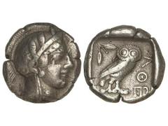 Tetradracma. 403-365 a.C. ATENAS. Anv.: Cabeza de Atenea con casco a derecha. Rev.: Lechuza en pie a derecha, detrás creciente y rama de olivo, delante A¶E. 17,36 grs. AR. CY-2023. MBC/MBC+.