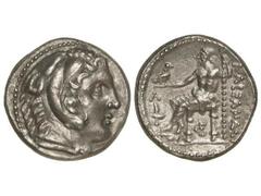 Tetradracma. 336-323 a.C. ALEJANDRO MAGNO. ANFIPOLIS. Anv.: Cabeza de Hércules con piel de león a derecha. Rev.: Zeus entronizado a izquierda, detrás leyenda, delante símbolos. 16,95 grs. AR. (Pequeño