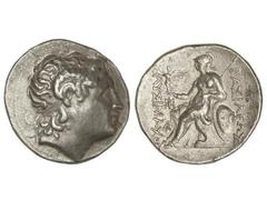 Tetradracma. 200-100 a.C. LISIMACO. TRACIA. Anv.: Cabeza de Alejandro Magno diademada a derecha, con los cuernos de Ammon. Rev.: Atenea sentada a izquierda con Nike y lanza sobre escudo. 17,04 grs. AR