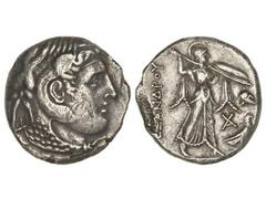 Tetradracma. 305-285 a.C. PTOLOMEO. EGIPTO. Anv.: Cabeza de Alejandro cubierta de piel de elefante a derecha. Rev.: Atenea con lanza y escudo de pie a derecha, en campo XA y águila sobre fulmen y casc