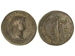 Dupondio. Acuñada el 54-55 d.C. NERÓN. Anv.: NERO CLAVDIVS CAESAR AVG. GER. P. M. TR. P. IMP. P. P. Cabeza laureada a derecha. Rev.: VICTORIA AVGVSTI S. C. Victoria en marcha a derecha. 12,05 grs. MBC