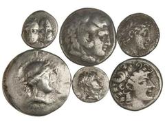 Lote 6 monedas. AR. Tetradracma de Amphipolis, de Alejandro Magno, de la Provincia Romana de Siria, Didracma de Antíoco VII, Estátera de Istros y Dracma de Ariarathes. Se-1386, 6721 var., 7215, 7095, 